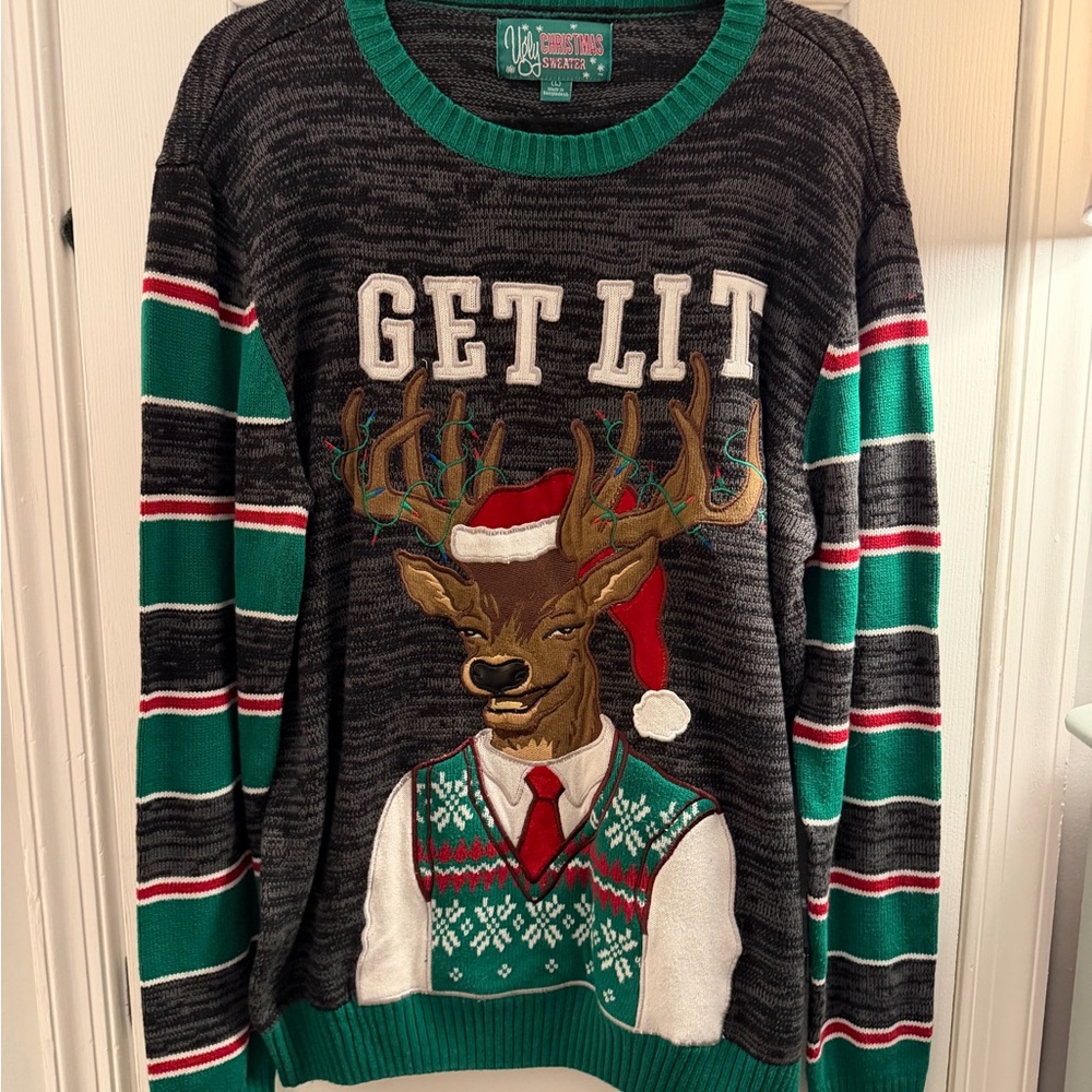 Ugly Christmas Sweater 'Get Lit' Reindeer in Black and Green
